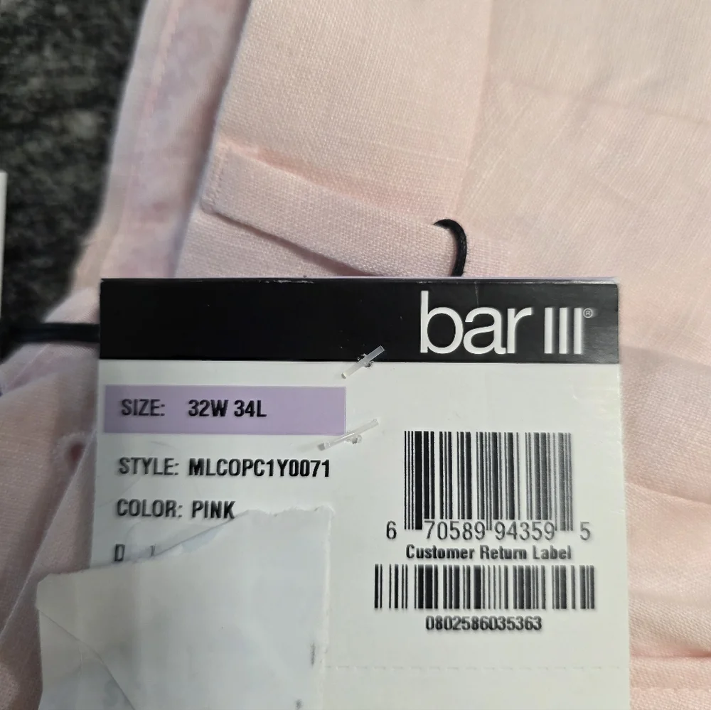 Bar III Mens 100% Linen Men's Slim-Fit Pants Pink  Sz 32Wx34L NWT